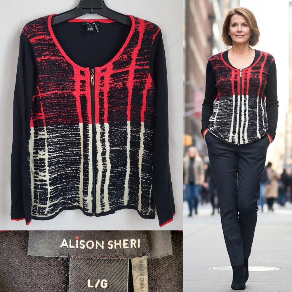 Alison Sheri Full-Zip Sweater Cardigan‎ Black red Large